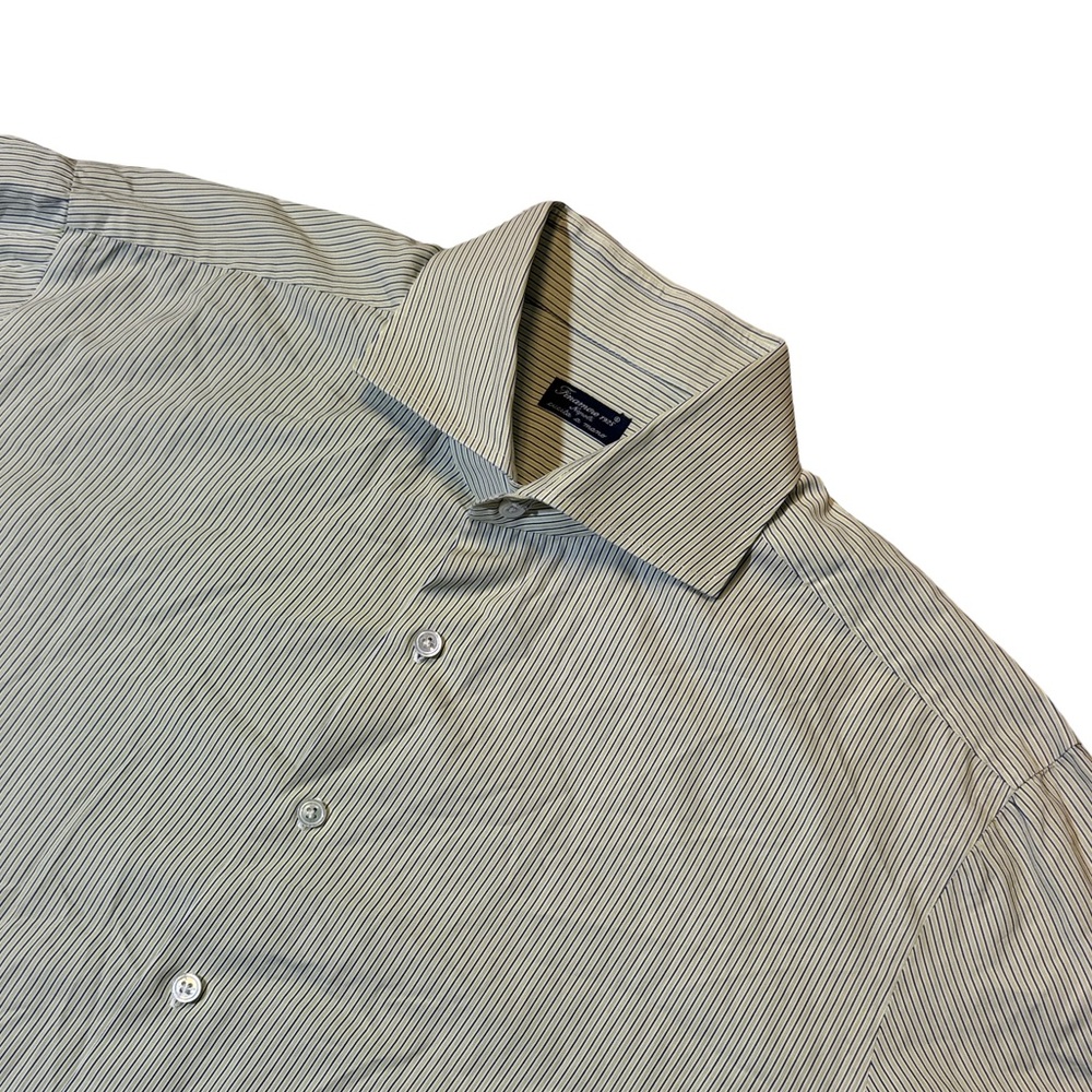 Finamore Napoli mens 16.5 42 green blue stripe cotton spread collar dress shirt